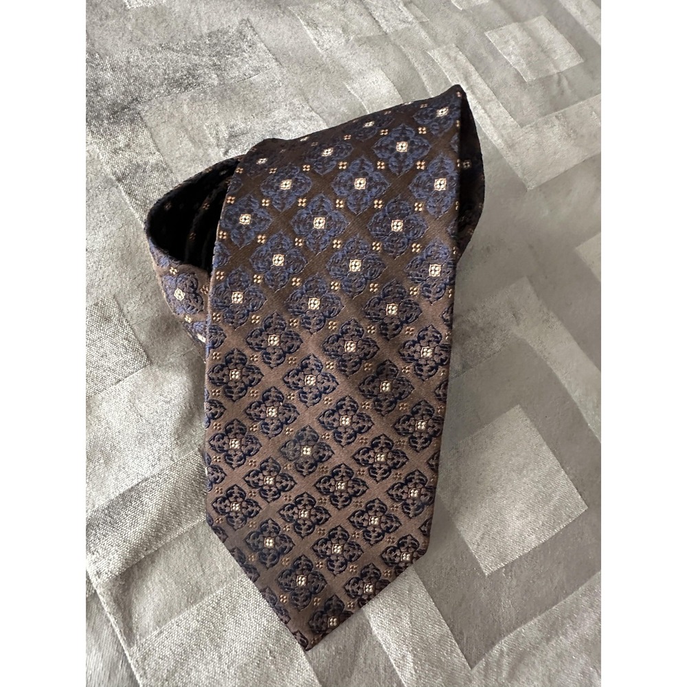 Canterbury Tie Mens Brown Blue Silk Medallion Geometric Pattern Classic Necktie